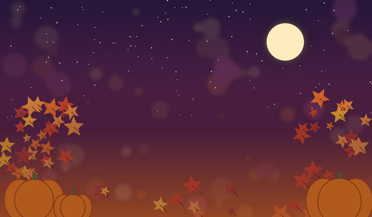 Autumn night with full moon, falling leaves and pumpkins